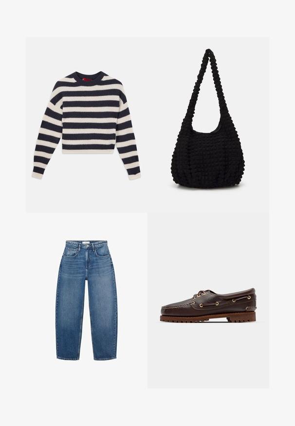 Gestreifter Strickpullover mit abwechselnd navyblauen und creamfarbenen horizontalen Streifen, rundem Halsausschnitt und gerippter Textur sowie langen Ärmeln.; Hochgeschnittene blaue Jeans aus Denim mit geradem Schnitt, ausgestattet mit fünf Taschen, Gürtelschlaufen und subtiler Ausbleichung für zusätzliche Textur.; Braune Lederbootsschuhe mit goldenen Ösen, runden Schnürsenkeln und einer strukturierten braunen Gummisohle. Verfügt über genähte Details und ein erhabenes Logo.; Schwarze, strukturierte Stofftasche mit einem einzigen gedrehten Griff, die eine puffige Form und ein gerafftes Oberflächendesign aufweist.