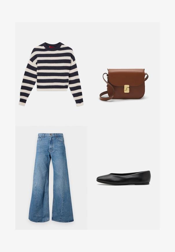 Gestreepte gebreide trui met afwisselend marineblauwe en crèmekleurige horizontale strepen, ronde halslijn en geribbelde textuur met lange mouwen.; Brede blauwe denim jeans met een hoge taille, voorzien van klassieke vijf-pocket styling en een lichte vervaging voor textuur.; Paul Smith TOPANGA - Ballerina's - black; Bruine leren handtas met een klep sluiting, gouden hardware, een schouderband en een gladde textuur. Compact rechthoekige vorm.