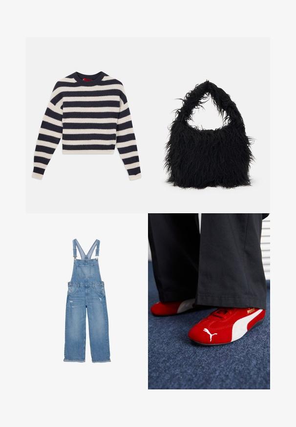Raidallinen neulepusero, jossa on vuorotellen tummansiniä ja kermaista vaaleita vaakaraitoja, pyöreä pääntie ja ribbitekstuuri pitkissä hihoissa.; Vaaleansiniset farkkuhaalarit, joissa on säädettävät olkaimet, etuaukko-tasku, sivunapit ja kuluneet yksityiskohdat jaloissa.; Punaiset mokkapohjaiset lenkkarit valkoisilla yksityiskohdilla, joissa on tekstuurinen materiaali, pyöreä kärki ja kultainen logo sivussa, yhdistetty mustiin housuihin.; Even&Odd Shopping bag - black