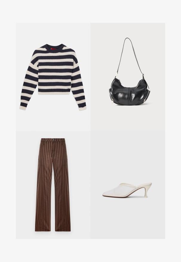 Ribakujundusega kampsun, millel vahelduvad tumesinine ja kreemjas horisontaalne triibustus, ümmargune kaelus ja soonikkoes pikkade varrukatega.; Pruunide triipudega laiad püksid, mis on valmistatud siledast kangast. Neil on nupuga sulgur, kaks esikotitäit ja vertikaalsed kreemjad triibud.; Valge võrkmaterjalist teravatoa mulli king, millel on peen keskmise kõrgusega konts ja libisev disain, tühjal taustal.; Must musta kuju õlaline kott, millel on hõbedased tõmblukud mõlemal küljel ja üks rihm.