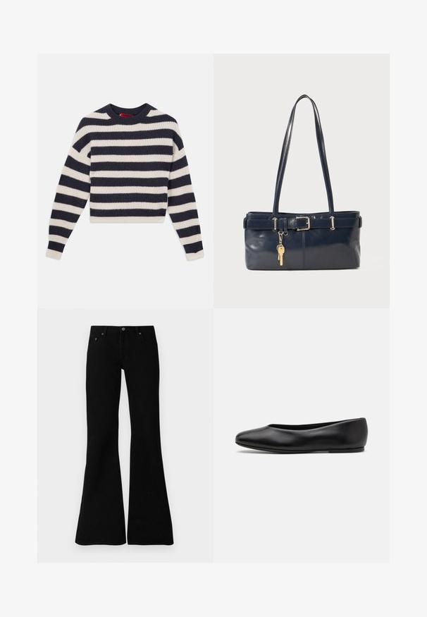 Gestreepte gebreide trui met afwisselend marineblauwe en crèmekleurige horizontale strepen, ronde halslijn en geribbelde textuur met lange mouwen.; Zwarte flare jeans van denim, met een klassiek vijf-pocket ontwerp, knoopsluiting en subtiele stiksels langs de naden.; Paul Smith TOPANGA - Ballerina's - black; Marine leren handtas met twee lange hengsels, een gespdetail en een sleutelhanger eraan bevestigd. Heeft een gladde textuur en een rechthoekige vorm.