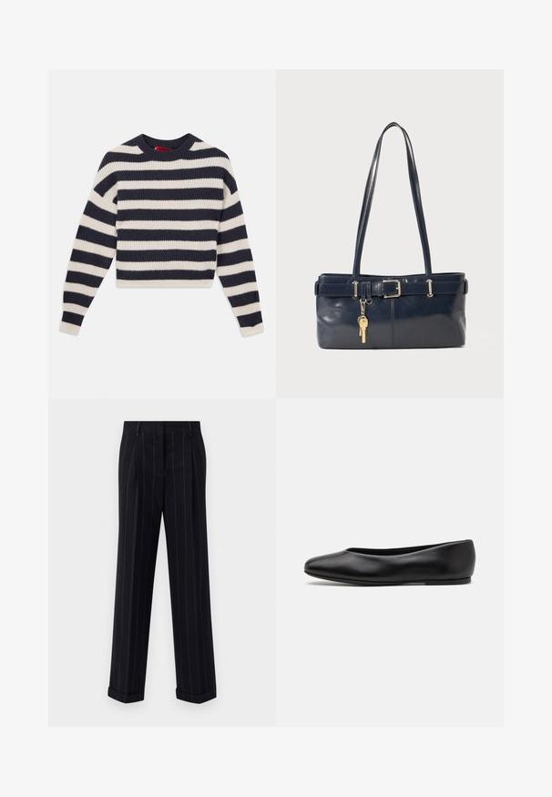 Striped knit sweater featuring alternating navy blue and cream horizontal stripes, round neckline, and ribbed texture with long sleeves.; Black pinstriped trousers with a tailored fit, featuring a cuffed hem and front pleats. Made of smooth fabric with a structured design.; Paul Smith TOPANGA - Ballet pumps - black; Navy leather handbag with two long handles, a buckle detail, and a keychain attached. Features a smooth texture and a rectangular shape.