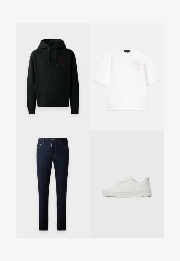 Zwarte hoodie met een kangoeroezak, voorzien van een rode bedrukte logo op de borst. Trekkoorden met zilveren punten en ribgebreide manchetten. Katoenen materiaal.; Dsquared2 LOOSE FIT TEE - T-shirt print - white; Donkerblauwe denim jeans met een slim fit, voorzien van contrasterende stiksels, een knoopsluiting en een vijf-pocket ontwerp. Soepele textuur en duurzaam materiaal.; Witte leren sneaker met een gladde afwerking, ronde neus, platte veters en een gestructureerde zool. Kenmerkt zich door een subtiel logo op de hiel.