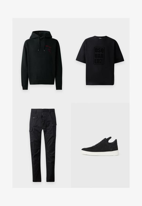 Felpa nera con tasca a canguro, con logo stampato rosso sul petto. Fodere con punte argentate e polsini a costine. Materiale in cotone.; Dsquared2 LOOSE FIT CREW NECK - T-shirt con stampa - black; Pantaloni cargo neri realizzati in tessuto resistente, dotati di multiple tasche, chiusura con bottone e design a gamba dritta. Texture liscia e finitura opaca.; Sneaker in suede nero con suola in gomma bianca, caratterizzato da cuciture tonali e design con lacci. Texture liscia con una forma moderna e aerodinamica.
