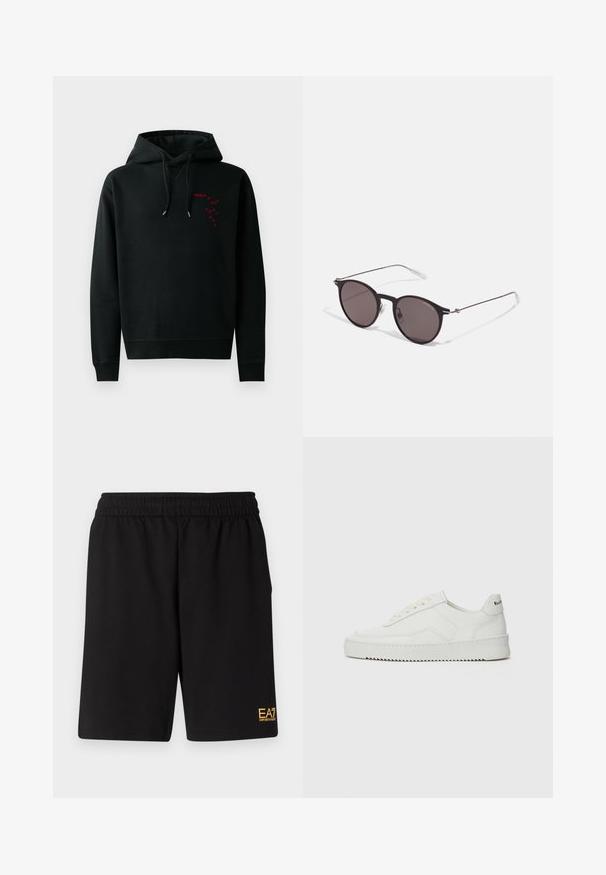 Schwarzer Hoodie mit Kängurutasche, der ein rotes, bedrucktes Logo auf der Brust trägt. Mit Kordeln mit silbernen Enden und gerippten Bündchen. Aus Baumwollmaterial.; Schwarzes Baumwoll-T-Shirt mit Rundhalsausschnitt, kurzen Ärmeln und dem "EMPORIO ARMANI"-Logo in Weiß über dem geschwungenen Schriftzug "Milano".; Schwarze Sportshorts aus weichem Material, mit einem elastischen Bund und einem kleinen gelben EA7-Logo am unteren linken Bein.; Weiße Ledersneaker mit glatter Oberfläche, runder Zehenpartie, flachen Schnürsenkeln und strukturiertem Sohlenprofil. Mit einem dezenten Logo an der Ferse.; Schwarze runde Sonnenbrille mit dunklen Gläsern und schlanken Metallbügeln. Enthält klare Tempelspitzen und silberne Akzente am Scharnier. Minimalistisches Design.