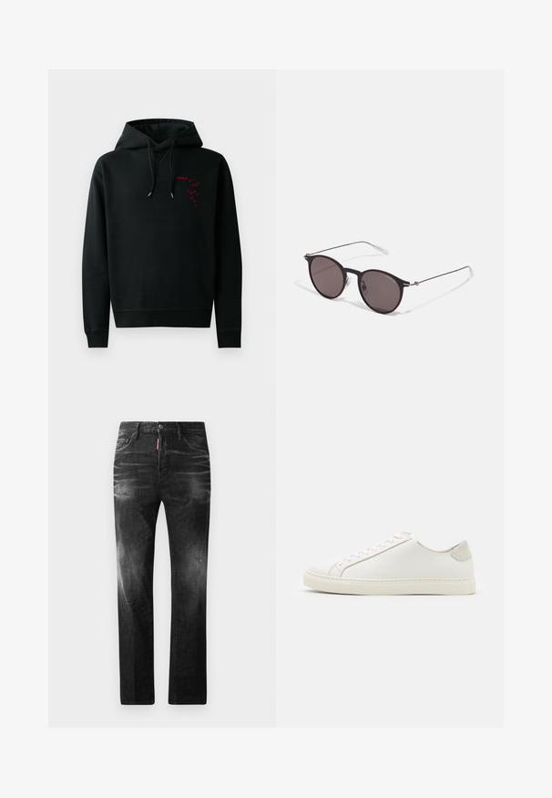 Black hoodie with a kangaroo pocket, featuring a red printed logo on the chest. Drawstrings with silver tips and ribbed cuffs. Cotton material.; Black cotton T-shirt featuring a round neckline, short sleeves, and "EMPORIO ARMANI" logo in white above "Milano" in a curved design.; Black denim jeans with a straight fit. Features faded areas, minor distressing, classic five-pocket design, and a button closure.; White leather sneaker with a smooth surface, round toe, and minimalistic design. Features beige accents on the heel and a rubber sole.; Black round sunglasses with dark lenses and slim metal arms. Includes clear temple tips and silver accents at the hinge. Minimalist design.