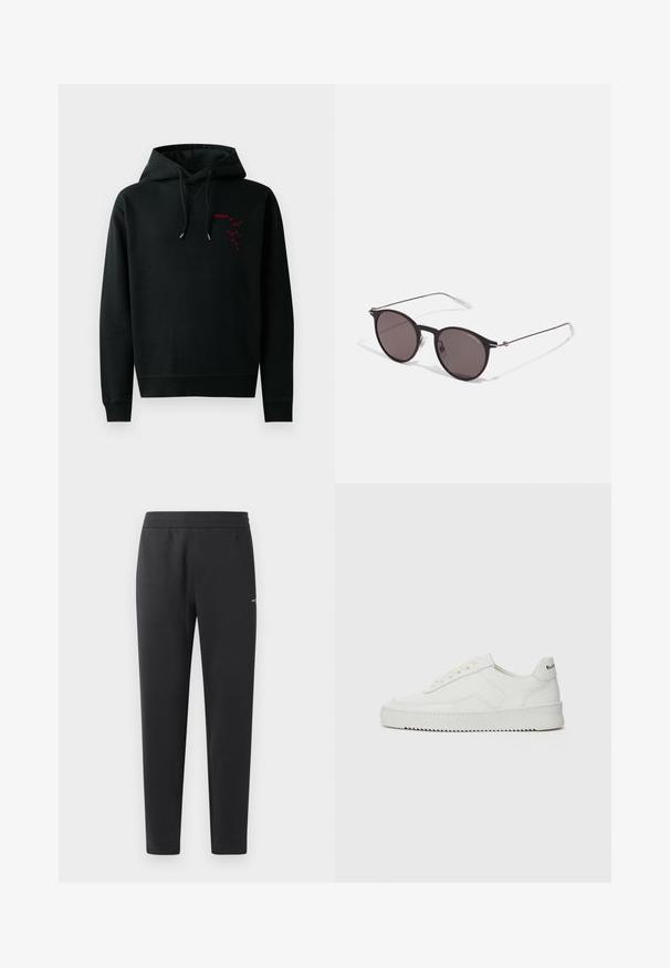 Schwarzer Hoodie mit Kängurutasche, der ein rotes, bedrucktes Logo auf der Brust trägt. Mit Kordeln mit silbernen Enden und gerippten Bündchen. Aus Baumwollmaterial.; Schwarze Jogginghosen aus weichem Stoff, mit einem elastischen Bund, geraden Beinen und einem kleinen Logodetail an der Seite.; Weiße Ledersneaker mit glatter Oberfläche, runder Zehenpartie, flachen Schnürsenkeln und strukturiertem Sohlenprofil. Mit einem dezenten Logo an der Ferse.; Schwarze runde Sonnenbrille mit dunklen Gläsern und schlanken Metallbügeln. Enthält klare Tempelspitzen und silberne Akzente am Scharnier. Minimalistisches Design.