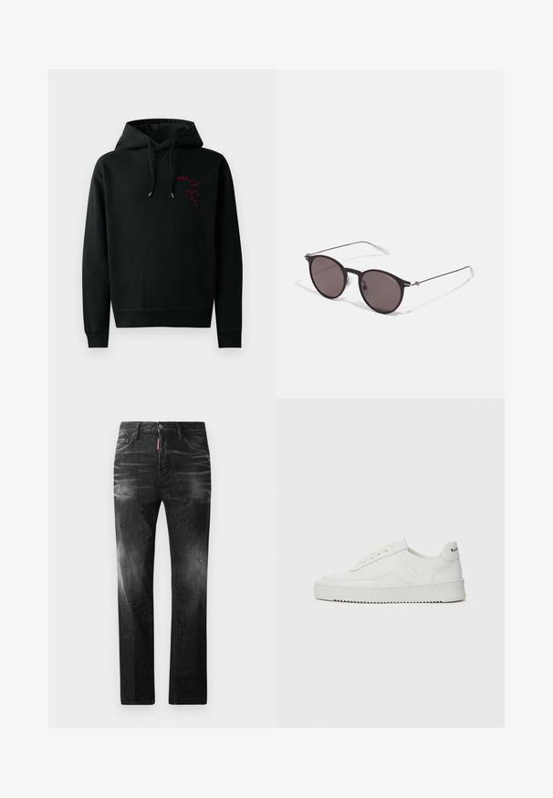 Felpa nera con tasca a canguro, con logo stampato rosso sul petto. Fodere con punte argentate e polsini a costine. Materiale in cotone.; Jeans in denim nero con vestibilità dritta. Presentano aree sbiadite, leggeri segni di usura, classico design a cinque tasche e chiusura con bottone.; Sneaker in pelle bianca con una finitura liscia, punta rotonda, lacci piatti e suola testurizzata. Presenta un logo discreto sul tallone.; Occhiali da sole neri rotondi con lenti scure e sottili bracci in metallo. Include punte trasparenti e accenti argentati alla cerniera. Design minimalista.