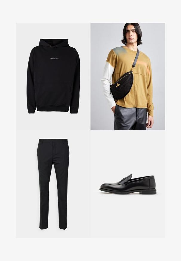 Felpa nera con cappuccio, dotata di tasca frontale e testo bianco "VISION OF SUPER" sul petto. Realizzata in tessuto morbido con polsini a costine.; Pantaloni neri su misura con una vestibilità dritta, realizzati in tessuto liscio. Presentano passanti per cintura e dettagli di piega lungo la parte anteriore.; Mocassini neri in pelle con una texture liscia, punta arrotondata e una striscia decorativa sulla tomaia. Tacco basso impilato, design minimalista.; Vivienne Westwood CITY BUMBAG UNISEX - Marsupio - black