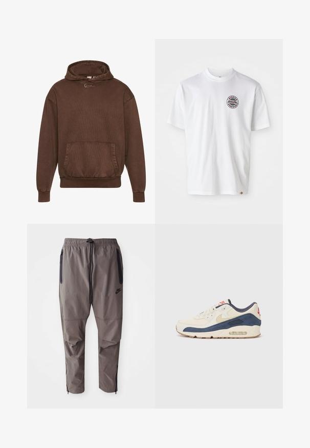 Sudadera con capucha marrón, con una superficie texturizada, bolsillo frontal y puños y dobladillo acanalados. Presenta un logo minimalista en el pecho.; Camiseta de algodón blanca con un logo redondo en el pecho. Cuello redondo, mangas cortas, corte relajado, con acentos en rojo y negro.; Pantalones Nike grises con cinturilla elástica, cordón, bolsillos laterales con cremallera y cremalleras en los tobillos para un ajuste ajustable.; Zapatillas con parte superior de cuero crema y gamuza azul marino, que presentan una suela de aire visible, suela de goma beige y un acento rojo en el talón.