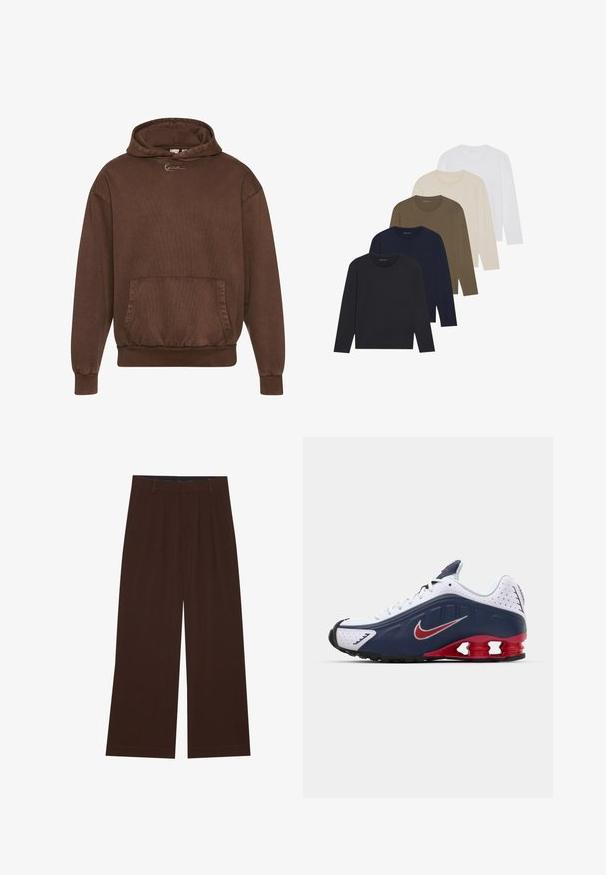 Hnedá mikina s kapucňou a textúrovaným povrchom, predná vrecko a elastické manžety a spodný lem. Obsahuje minimalistické logo na hrudi.; Päť tričiek s dlhým rukávom v farebnom prechode: tmavomodrá, námornícka, olivová, béžová a biela. Každé má okrúhly výstrih a hladkú textúru.; Hnedé nohavice s širokými nohavicami a plisovaním. Vyrobené z hladkej látky, s upraveným pásom a bočnými vreckami. Rovný lem na spodnej časti.; Biele a námornícke športové topánky s červenými akcentmi, sieťovinovými panelmi, polstrovaným golierom a jedinečným dizajnom podrážky s viditeľnými odpružovacími jednotkami.