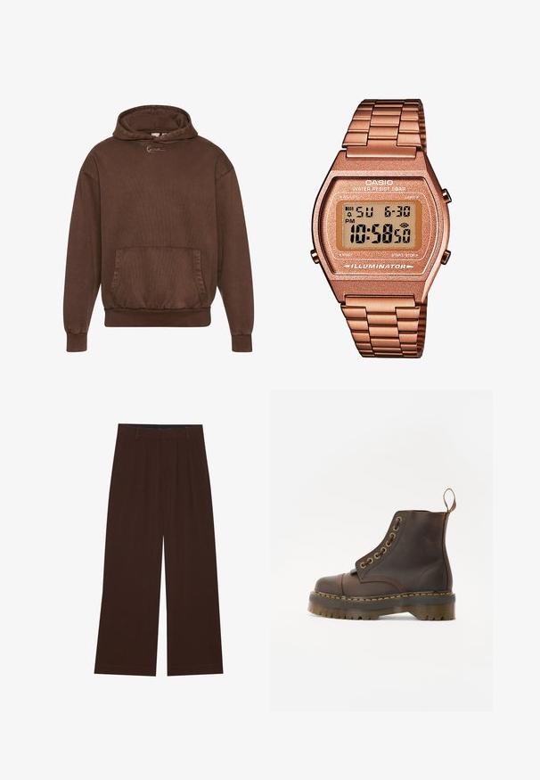 Hnědá mikina s kapucí s texturovaným povrchem, přední kapsou a ribrovými manžetami a lemem. Obsahuje minimalistické logo na hrudi.; Hnědé kalhoty s širokým střihem a skladbami. Vyrobeny z hladké tkaniny, s upraveným pasem a postranními kapsami. Rovný lem na spodní straně.; Hnědá kožená kotníková bota s kulatou špičkou, kontrastním žlutým švem, dekorativními kovovými očky a drážkovanou gumovou podrážkou.; Digitální hodinky Casio s kovovým řemínkem v růžovém zlatě, obdélníkovým pouzdrem, podsvíceným displejem a vodotěsností, zobrazující čas a datum.