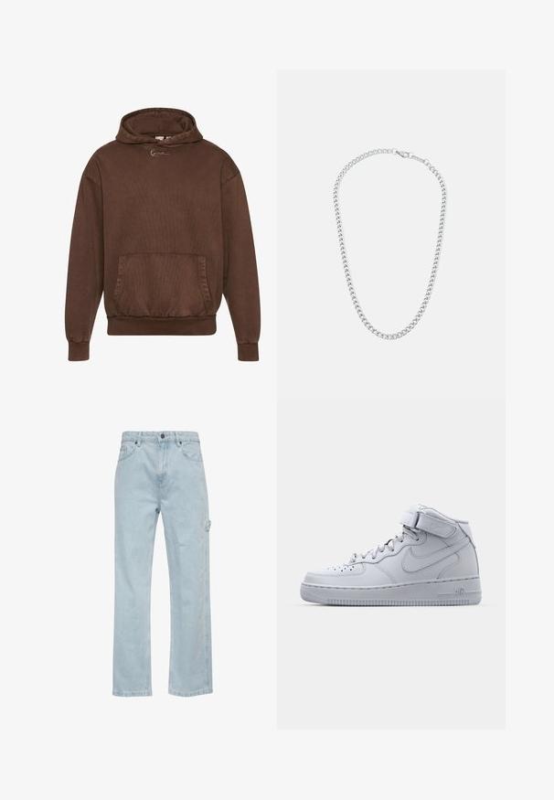 Brown hooded sweatshirt with a textured surface, front pocket, and ribbed cuffs and hem. Features minimalistic logo on the chest.; Light blue denim jeans with a straight-leg design, featuring front and back pockets and a side cargo pocket. Smooth texture, casual style.; High-top gray Nike Air Force 1 sneakers with leather upper, padded collar, and a Velcro strap. Iconic design features perforated toe box.; Silver metal chain necklace featuring interlocking links and a secure clasp, smooth texture, even finish, and a classic design.