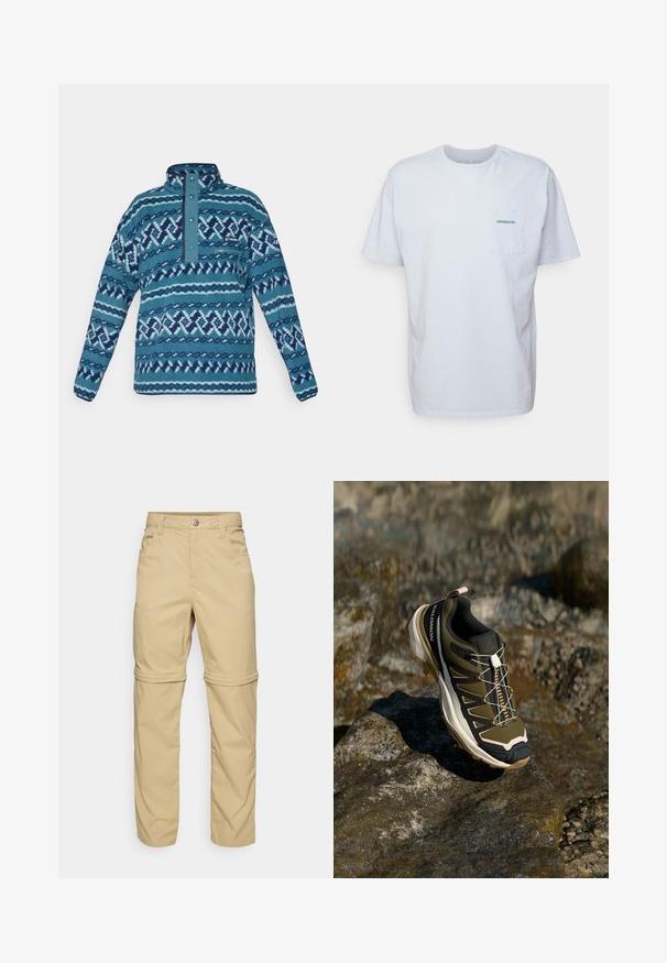 Modra pulover z vzorcem iz flisa z zapenjanjem na snap-gumbih, žepom na zadrgo na prsih in dolgimi rokavi, primeren za hladno vreme.; Bela bomba majica iz bombaža s kratkimi rokavi, okroglo ovratnikom in žepom na levi strani prsi, ki ima modri logo "Patagonia". Klasičen kroj z gladko teksturo.; Bež hlače z možnostjo odpnevanja z gladko teksturo, ki imajo dve stranski žep in zaponko na gumb, ter lahko zavihane manšete za večjo vsestranskost.; Pohodni čevlji v olivno zeleni in črni barvi s poudarki v roza. Imajo teksturirano zgornji del, fleksibilno podplat, ojačan zaščitni del za prste in barvit sistem vezalk.