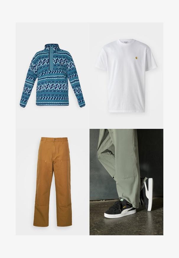 Modra pulover z vzorcem iz flisa z zapenjanjem na snap-gumbih, žepom na zadrgo na prsih in dolgimi rokavi, primeren za hladno vreme.; Bela bombažna majica s kratkimi rokavi, krožnim ovratnikom, z majhnim zlatim logotipom na levem prsnem predelu. Mehka tekstura in običajen kroj.; Brazdaste hlače iz bombaža z naravnim krojem in naravnim rezom, ki imajo sprednje žepe in kovinske dodatke za dodatno trdnost.; Črne semšaste športne copate z belimi gumijastimi podplati in stranskimi črtami, v kombinaciji s svetlo zelenimi cargo hlačami, ki stojijo na teksturirani temni površini.