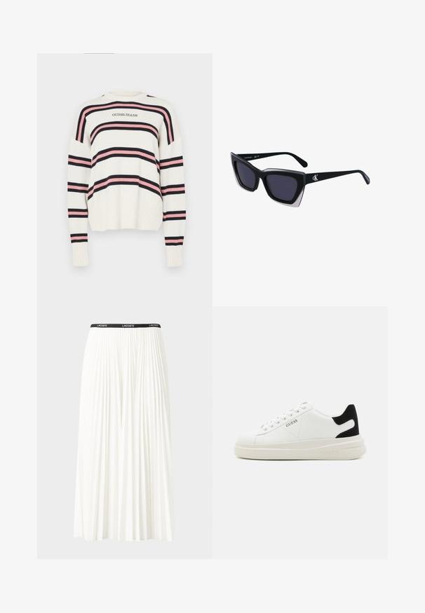 Cremefarbener Pullover mit horizontalen Streifen in Marineblau und Pink. Gerippte Textur an den Bündchen und am Saum. Mit "GUESS JEANS" Logo auf der Vorderseite.; Faltenrock aus Weiß mit einem schwarzen elastischen Bund, der das "LACOSTE"-Logo trägt. Mittellanges Design mit weicher Textur.; Weiße Leder-Sneaker mit einer dicken weißen Sohle, schwarzem Wildlederakzent an der Ferse und geprägtem Logo an der Seite. Schnürdesign mit sechs Ösen.; Schwarze übergroße Sonnenbrille mit geometrischer Form, ausgestattet mit dunklen Gläsern und einem kontrastierenden grauen Detail im Rahmen. Logo am Bügel.