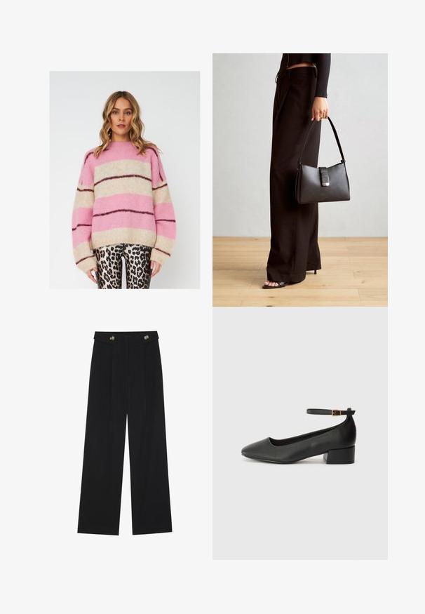 Dryžuota megzta palaidinė rausva, smėlinė ir tamsiai ruda spalvomis, pagaminta iš minkštos, tekstūruotos medžiagos. Pasirinktas laisvas siluetas ir plačios rankovės.; Juodi plačios kojos kelnės su aukštu liemeniu, sagų detalėmis ant liemens ir priekinėmis raukšlėmis.; Juodas odinis aukštakulnis batelis su smailiu pirštu ir žemu bloku. Su kulkšnies dirželiu su auksinės spalvos sagtimi. Lygus paviršius.; Juodas rankinė struktūrizuota forma, lygi tekstūra ir metalinis užsegimas. Suporuota su plačiomis juodomis kelnėmis ir atvirais bateliais ant medinių grindų.