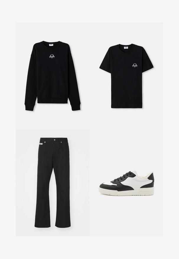 Black sweatshirt made of soft fabric, featuring a round neckline and long sleeves. It has an embroidered design in the center.; Black cotton t-shirt with a crew neckline. Features a small white graphic design on the chest. Short sleeves and straight hem.; Black cotton trousers with a straight-leg design, featuring a front button closure, two side pockets, and a small brand label on the waistband.; Black and white sneaker with a smooth leather upper, rounded toe, and flat rubber sole. Features black laces and soft inner lining.