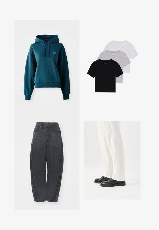 Teal hettegenser laget av mykt stoff, med snøring i hetta, ribbestrikkede mansjetter og hem, samt et lite logo-patch på brystet.; Sett med tre kortermede t-skjorter i svart, grått og hvitt. Laget av bomull, med rund hals og en enkel, ensfarget design.; Baggy svarte denimjeans med en falmet finish, fem lommer, belteknapplukking og sømdetaljer på forsiden og sidene.; Sorte lærloafers med en glat tekstur, syningdetaljer og en rund tå, parret med hvide skræddersyede bukser.