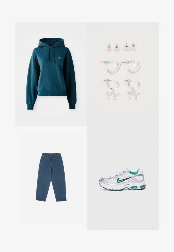 Mėlynas džemperis su švelnia medžiaga, turintis raištelį su gobtuvu, gumbuotas rankogalius ir apatinę dalį bei mažą logotipo priklijuotę ant krūtinės.; Mėlyni džinsai su laisvu siluetu, aukštu juosmeniu, penkių kišenių dizainu ir siuvinio akcentais. Su mygtuku ir užtrauktuku.; Balti, sidabro ir žalios spalvos Nike bėgimo batai. Turintys tinklinės ir sintetinių medžiagų, paminkštintą apykaklę bei paminkštintą padą su matomais oro dalimis.; Keturių auskarų rinkinys: du sidabriniai žiedai su rožiniais akcentais, du auskarai-šnipščiai širdelės ir kaspino formų, visi su blizgiais metaliniais paviršiais.