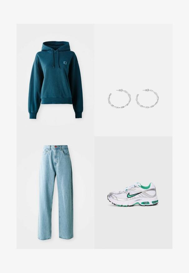 Türkisfarbener Hoodie aus weichem Material, mit einer Kapuze mit Kordelzug, gerippten Bündchen und Saum sowie einem kleinen Logo-Patch auf der Brust.; Hellblaue weit geschnittene Jeans mit hoher Taille, aus Denim gefertigt, mit einem roten Knopf am Bund und klassischen fünf Taschen.; Nike Laufschuh in Weiß, Silber und Grün. Verfügt über Mesh- und synthetische Materialien, gepolsterten Kragen und eine gepolsterte Sohle mit sichtbaren Air-Elementen.; Silberne Creolen mit gedrehter Gestaltung, ausgestattet mit einer polierten Oberfläche und einer Steckverschluss. Sie haben einen Durchmesser von ca. 3 cm.