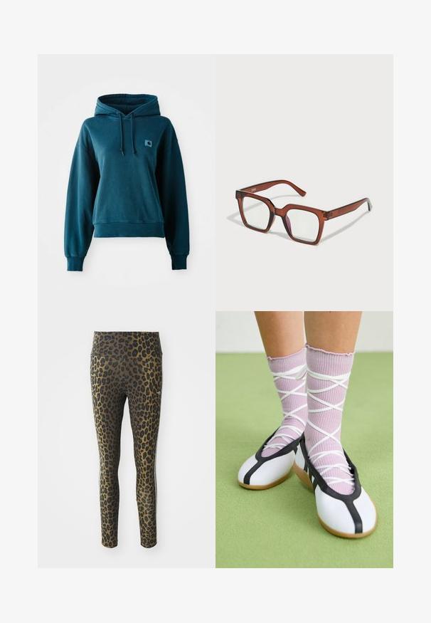 Türkise kapuutsviiter pehmest kangast, millel on reguleeritav kapuuts, soonikkoes varrukad ja ääred ning väike logopatch rinnal.; Leopardimustriga retuusid, millel on kõrge vöökoht, veniv kangas ja mustad aktsendid heledal pruunil taustal, loodud mugavuse ja sobivuse tagamiseks.; Valged lamedad jalanõud musta ääre ja tallaga, koos heledate lillade soonikatega sokkidega, millel on valged ristvõrgud. Taustal roheline värv.; Pruunid üleõlised ristkülikukujulised prillid selgete läätsedega, millel on paremal läätses kerge roosa tooni. Plastraam, mille pind on sile.