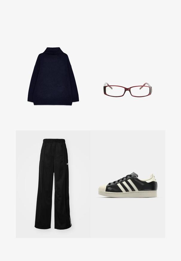 Mörkblå polotröja med ribbat mönster, oversized passform och sänkta axlar. Slät väv med en tjock, stickad krage och fåll.; Svarta byxor med vida ben i tracksuit-stil med elastisk midja, prydda med vita sidostråk och en liten logotyp på vänster höft. Slät tygtextur.; Svart lädersneaker med vita ränder, gummitåhätta, svarta snören och en krämfärgad sula. Slät textur med blank yta.; Röda rektangulära glasögon med en elegant design. Klara linser, något genomskinliga skalmar och en gradienteffekt från röd till grå.