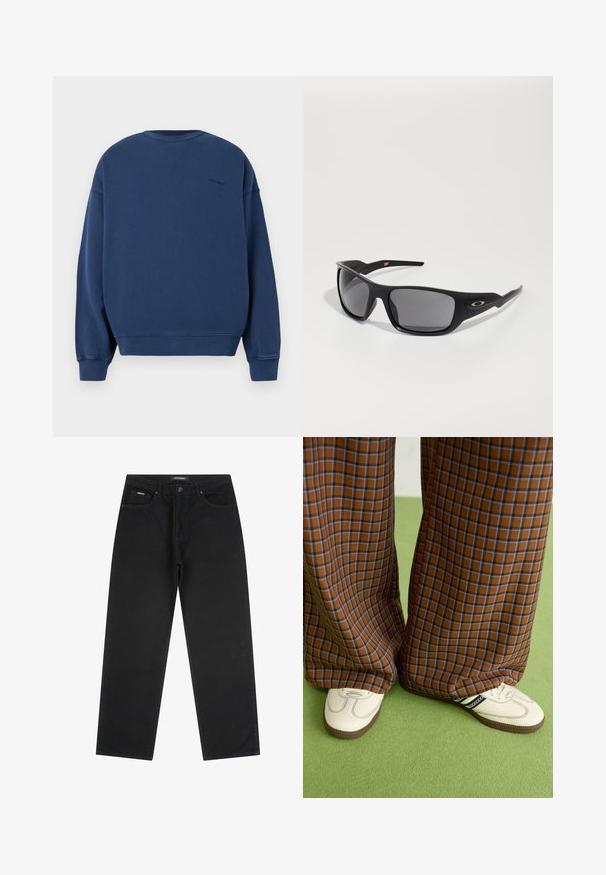 Tamno plavi dukserica od mekanog materijala, s dugim rukavima, okruglim izrezom i rebrastim manžetama i donjim rubom. Suptilan logo na leđima.; Crne traperice ravnog kroja s prednjim gumbom i patent-zatvaračem, petljama za remen i dizajnom s pet džepova, položene ravno na bijeloj pozadini.; Smeđe i plave karirane široke hlače uparene s bijelim cipelama s crnim akcentima i teksturiranim potplatom, na zelenoj pozadini.; Crne sunčane naočale pravokutnog oblika, izrađene od izdržljive plastike, sivi zasjenjeni leće i zlatni detalj sa strane.
