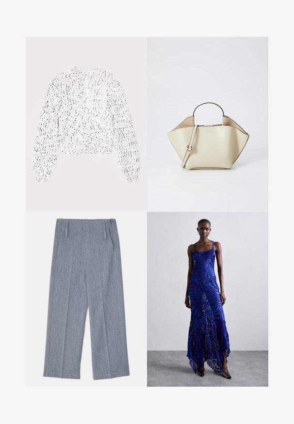 White knitted sweater with black speckles, cropped design, high neck, and long, puffed sleeves with ribbed cuffs. Textured fabric.; Light gray, wide-leg trousers made of textured fabric, featuring two front pleats and two side pockets. Clean, tailored design.; Blue and purple animal print maxi dress with thin straps, a fitted bodice, flared hem, and sheer overlay detailing.; Ree Projects ANN - Handbag - beige