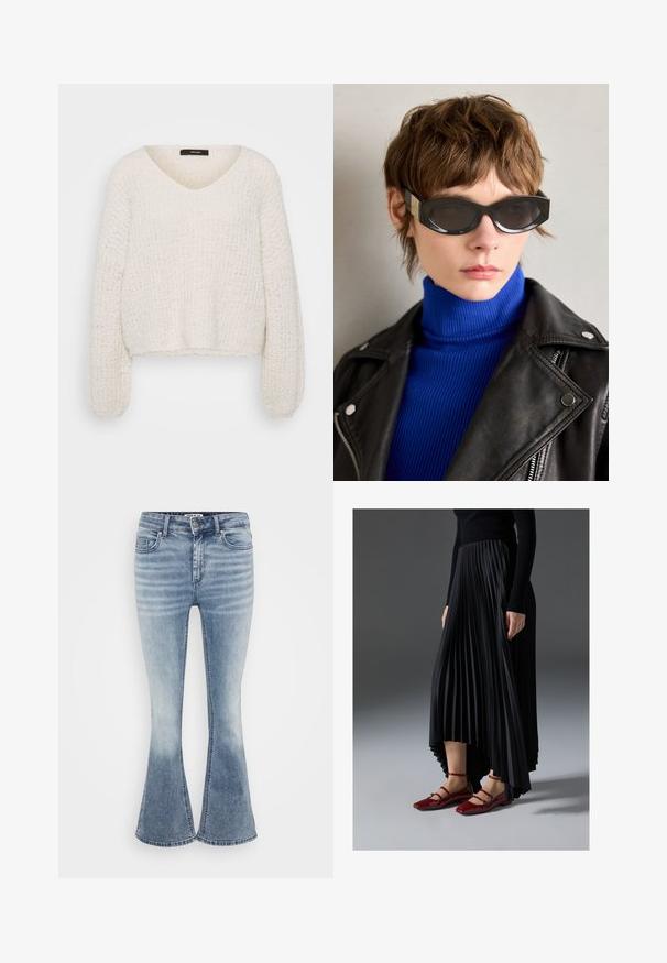 Vero Moda Petite VMJULIETTE mleczny; Even&Odd Petite - Bluzka z długim rękawem; Jasnoniebieskie dżinsy dzwony wykonane z dżinsu, z klasycznym pięciokomorowym fasonem, przednim zapięciem na zamek i delikatnym wyblaknięciem w okolicach ud.; Czarna plisowana spódnica z asymetrycznym dołem, zestawiona z błyszczącymi czerwonymi balerinkami z paskiem. Tkanina ma gładką teksturę.; Czarne okulary przeciwsłoneczne z zaokrąglonymi krawędziami i przyciemnionymi soczewkami. Posiadają złote akcenty na zausznikach. Noszone z niebieskim swetrem z wysokim kołnierzem i skórzaną kurtką.; Srebrne kolczyki koła z motywem kokardy, o gładkim wykończeniu i polerowanej fakturze. Kompaktowy, minimalistyczny styl odpowiedni na różne okazje.