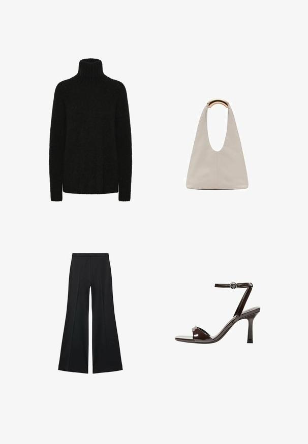 Zwarte coltrui gemaakt van een zachte, gestructureerde stof; losse pasvorm met geribde kraag en manchetten. Lange mouwen en geen zichtbare patronen.; Zwarte wijde-pijpen broek met een gladde textuur, gekenmerkt door voorplooien en een op maat gemaakte uitstraling. De stof is lichtgewicht en vloeiend.; Bruine gepatenteerde lederen sandaal met hoge hak, enkelbandje, open teen, en een strak, minimalistisch ontwerp. Voorzien van een vierkante hak.; Lichtgrijze leren tas met een U-vormig ontwerp en een gebogen metalen handvat. Glad oppervlak met minimale stiksels en geen zichtbare patronen.