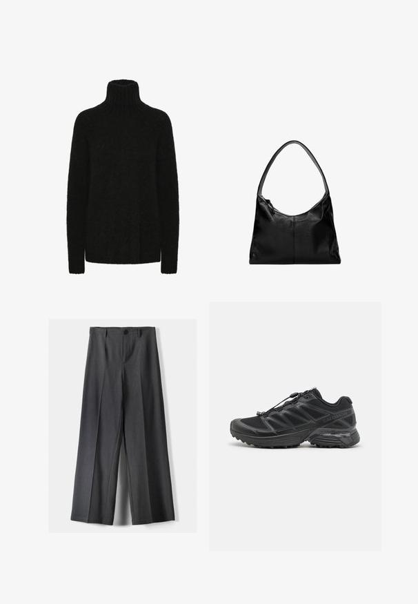 Zwarte coltrui gemaakt van een zachte, gestructureerde stof; losse pasvorm met geribde kraag en manchetten. Lange mouwen en geen zichtbare patronen.; Wijde broek in donkergrijze stof, met een knoopsluiting, voorplooien en riemlussen. Gladde textuur met een op maat gemaakte uitstraling.; Zwarte hardloopschoenen met een bovenwerk van mesh en synthetisch materiaal, een flexibele buitenzool en elastische veters. Heeft een gevoerde tussenzool voor comfort.; Zwarte leren schoudertas met een gladde textuur, een gebogen bovenkant en een enkele schouderband. Voorzien van een ritsluiting en een minimalistisch design.