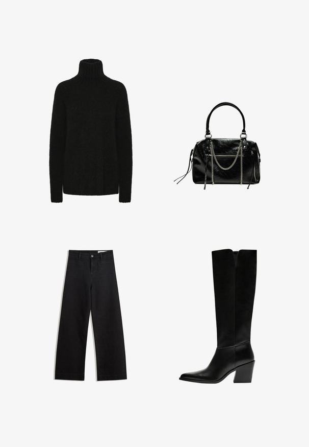 Zwarte coltrui gemaakt van een zachte, gestructureerde stof; losse pasvorm met geribde kraag en manchetten. Lange mouwen en geen zichtbare patronen.; Zwarte denim broek met wijde pijpen en een hoge taille, voorzien van voor- en achterzakken, gestikte naden en een knoopsluiting. Gladde textuur.; Zwarte laarzen tot de knie van soepel leer, met een puntige neus, een blokhak en een V-vormige uitsparing aan de bovenkant.; Bershka WITH CHAIN - Handtas - black