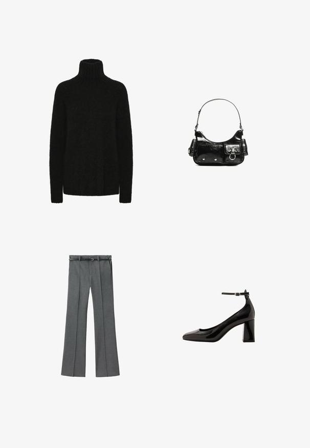 Schwarzer Rollkragenpullover aus weichem, strukturiertem Material; lockere Passform mit geripptem Kragen und Bündchen. Lange Ärmel und keine sichtbaren Muster.; Graue maßgeschneiderte Hose mit geradem Beinschnitt, leichtem Stoff, Gürtelschlaufen und einem schmalen Gürtel mit einer silbernen Schnalle.; Schwarze Lackleder-Pumps mit Knöchelriemen und glänzender Oberfläche, spitzer Zehenform und dickem Blockabsatz. Sanfte Textur, minimalistische Details.; Schwarze Lackleder-Handtasche mit geschwungenem Design, einem Schulterriemen, Vordertaschen und silberfarbenen Hardware-Akzenten.