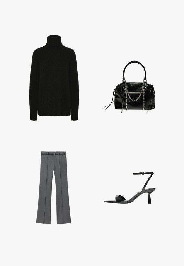 Pulover negru cu gât înalt, realizat dintr-un material moale și texturat; croială lejeră cu guler și manșete striate. Mâneci lungi și fără modele vizibile.; Pantaloni gri ajustați cu un design drept, dintr-un material ușor, cu bucle pentru curea și o curea îngustă care are o cataramă argintie.; Bershka Sandale cu toc - black; Bershka WITH CHAIN - Geantă de mână - black