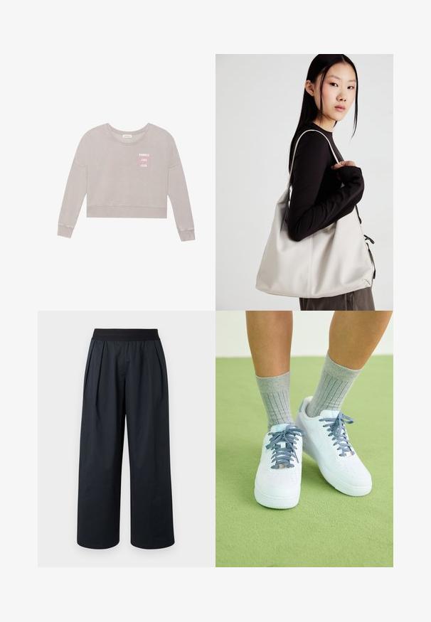 Heledad hall hõbehall koos pikkade varrukatega, pehme tekstuur ja "SUMMER LOVE CLUB" roosa print. Omab ümmargust kaelust ja soonikuga ääret.; Mustad laiade säärtega püksid volditud eest, elastse vöökohaga ja siledast kangast tekstuuriga. Omavad lahtist lõiget ja lühendatud pikkust.; Valged nahast tennisetooted siniste aktsentide ja augustatud varba disainiga, tekstuuriga sinivalged paelad, kantud hallide ribakudumitega sokkidega.; Bež käekott pehme materjali, millel on lõtv disain, õmblustega detailid ja kaks õlarihma. Sobib igapäevaseks kasutamiseks.