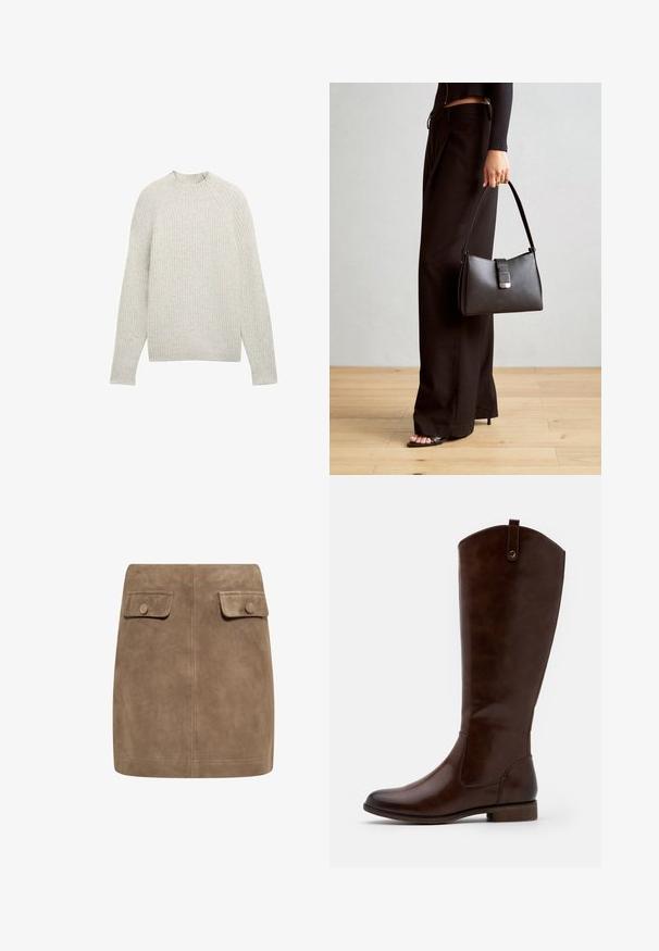 TOM TAILOR DENIM - Sweter; Brązowa zamszowa mini spódnica o gładkiej fakturze, z dwiema przednimi kieszeniami na klapki oraz zapięciem na guziki po obu stronach. Prosty, prosty krój.; Brązowe botki za kolano wykonane z gładkiej skóry, z zaokrąglonym noskiem, niskim, klejonym obcasem oraz subtelnym wzorem przeszyć po bokach.; Czarna torebka o usztywnionym kształcie, gładkiej fakturze i metalowym zapięciem. Połączona z szerokimi czarnymi spodniami i sandałami na otwartym palcu na drewnianej podłodze.
