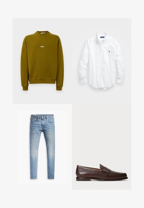 Olivově zelená mikina s dlouhým rukávem, kulatým výstřihem a malým bílým logem "MSGM" umístěným ve středu hrudi.; Bílá košile s dlouhým rukávem a knoflíkovým zapínáním vyrobená z bavlny. Má klasický límec, knoflíkové manžety a malé námořnické vyšívané logo na hrudi.; Světle modré slim-fit džíny s mírným vyblednutím na stehnech, zapínání na knoflík vpředu, poutka na opasek a pět kapes na bílém pozadí.; Tmavě hnědé kožené penny loafer s nízkým podpatkem, prošívanou špičkou a páskovým detailem přes horní část, vystavené na bílém pozadí.