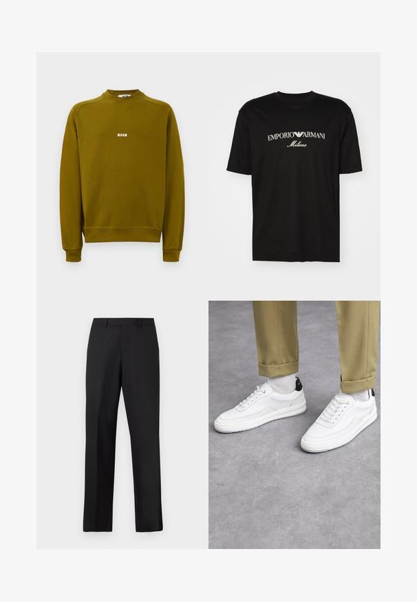 Olivew zielona bluza z długim rękawem, okrągłym dekoltem i małym białym logo "MSGM" umieszczonym na środku klatki piersiowej.; Czarny bawełniany T-shirt z okrągłym dekoltem, krótkimi rękawami oraz białym logo "EMPORIO ARMANI" nad napisem "Milano" w zakrzywionym kształcie.; Czarne spodnie o prostych nogawkach wykonane z gładkiej tkaniny. Posiadają standardowy pas i nie mają widocznych wzorów ani zdobień.; Białe sneakersy z fakturowaną skórzaną wykończeniem, okrągłym noskiem i czarnym akcentem na pięcie. Gumowa podeszwa z małym wzorem bieżnika i przeszyciem.