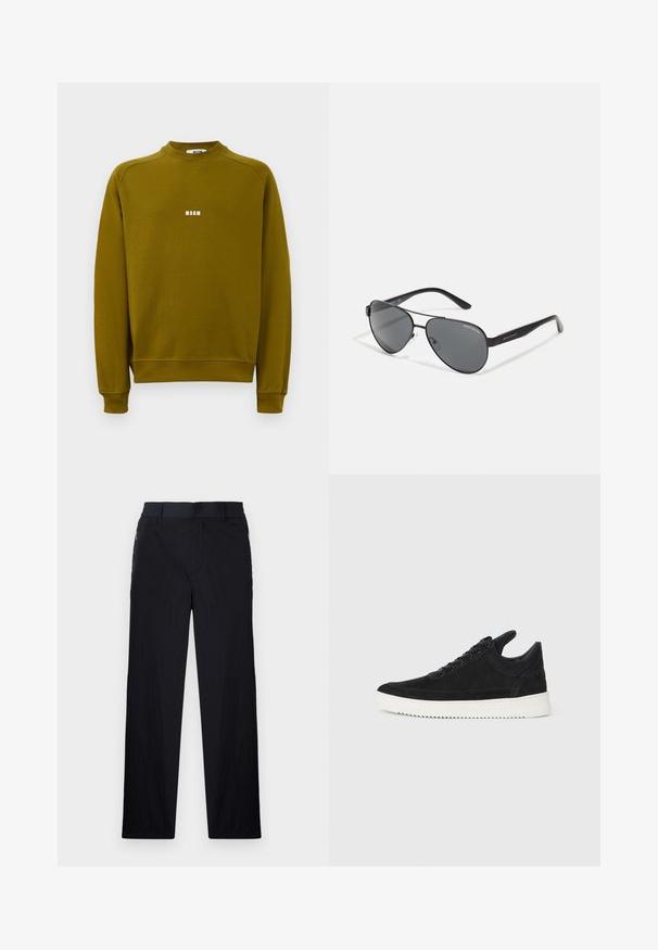 Felpa a maniche lunghe verde oliva con collo tondo e piccolo logo bianco "MSGM" al centro del petto.; Pantaloni neri realizzati in un tessuto leggero e strutturato, con taglio dritto, vita elasticizzata e tasche laterali con zip.; Sneaker in suede nero con suola in gomma bianca, caratterizzato da cuciture tonali e design con lacci. Texture liscia con una forma moderna e aerodinamica.; Occhiali da sole aviator neri con lenti scure, sottile montatura in metallo e bracci in plastica snodati con accenti del logo.