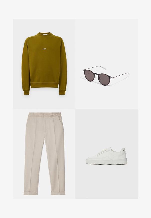 Felpa a maniche lunghe verde oliva con collo tondo e piccolo logo bianco "MSGM" al centro del petto.; Filippa K TERRY CROPPED TROUSERS - Pantaloni - sage melange; Sneaker in pelle bianca con una finitura liscia, punta rotonda, lacci piatti e suola testurizzata. Presenta un logo discreto sul tallone.; Occhiali da sole neri rotondi con lenti scure e sottili bracci in metallo. Include punte trasparenti e accenti argentati alla cerniera. Design minimalista.
