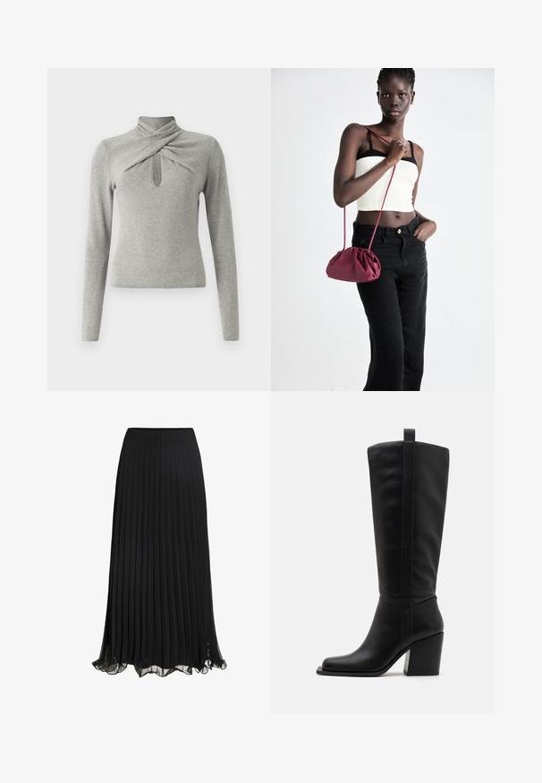Gray long-sleeve sweater with a mock neck, featuring a twisted design and a keyhole cutout at the front. Soft knit texture.; Black pleated maxi skirt made of lightweight fabric with a flowing design. Features a ruffled hem and elastic waistband for comfort.; Black leather knee-high boots with a square toe, a tapered heel, and a vertical seam detail along the outer shaft. Smooth texture.; Burgundy soft fabric handbag with a gathered design and a long strap, worn crossbody. Model wears a white crop top and black jeans.