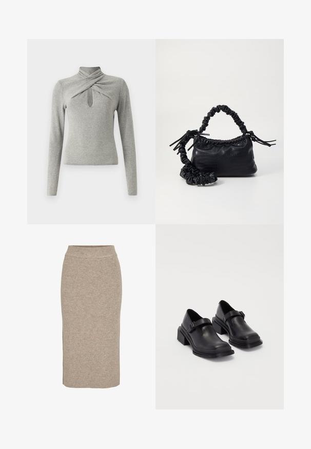 Grauer Pullover mit langen Ärmeln und Stehkragen, der ein gedrehtes Design und einen Ausschnitt in Form eines Schlüssellochs auf der Vorderseite aufweist. Weicher Strickstoff.; Strick-Bleistiftrock in hellbeige, mit gerippter Textur, hohem Bund und schmaler Passform. Der Saum reicht bis unter das Knie.; Schwarze Lederhalbschuhe mit runder Zehenpartie, flacher Sohle und einem Riemen mit Schnallen-Detail. Robuster Blockabsatz für zusätzliche Stabilität.; Schwarze Handtasche aus Kunstleder mit Krokodilstruktur, gerafftem oberen Teil und einem geschoppten Tragegurt. Sie wirkt weich und kompakt im Design.