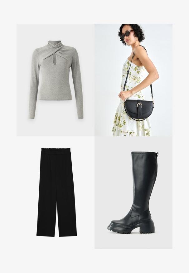 Grauer Pullover mit langen Ärmeln und Stehkragen, der ein gedrehtes Design und einen Ausschnitt in Form eines Schlüssellochs auf der Vorderseite aufweist. Weicher Strickstoff.; Schwarze weit geschnittene Hose mit einem gerüschten Bund, ausgestattet mit zwei Seitentaschen und einem glatten, leichten Stoff. Keine sichtbaren Muster oder Beschläge.; Hoher schwarzer Lederstiefel mit einer robusten Plateausohle und Blockabsatz, der über eine Zuglasche und ein strukturiertes Profil an der Außensohle verfügt.; Schwarze Lederhandtasche mit geschwungener Form, abnehmbarem Tragegurt und goldenen Beschlägen. Die Tasche verfügt über einen Deckel mit einer Schnallen-Details.