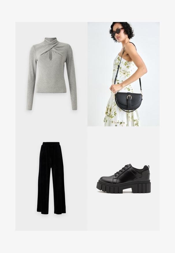 Sivý sveter s dlhým rukávom a stojatým golierom, ktorý má skrútený dizajn a výrez v tvare kľúčovej diery vpredu. Mäkká pletená textúra.; Čierne široké nohavice zo soft velvetu, s elastickým pásom a hladkou textúrou, bez viditeľných detailov alebo vzorov.; Čierne kožené platformy s masívnym blokovým podpätkom, okrúhlou špičkou a tradičným šnurovaním. Má hladký povrch a minimálne detaily.; Čierna kožená kabelka s zaobleným tvarom, odnímateľným popruhom a zlatými doplnkami. Kabelka má klopu s detailom s prackou.