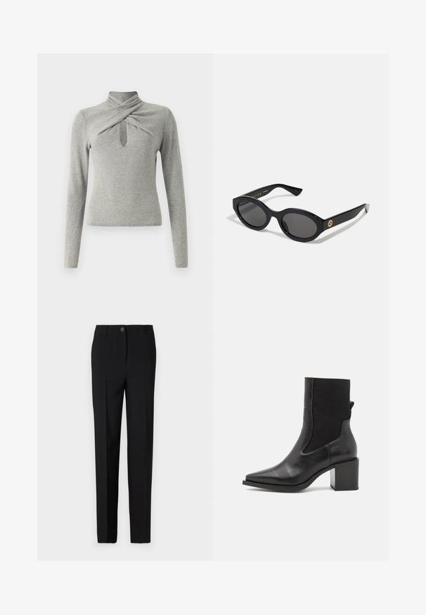 Grå långärmad tröja med hög krage, med en vriden design och en nyckelhålsutskärning framtill. Mjuk stickad textur.; Svart skräddarsydda byxor med rak passform, utrustade med knappstängning och bälteshällor, tillverkade av ett slätt tyg.; Svart ankelboot med spetsig tå, tillverkad av mjukt läder och elastiskt tyg. Har en klack i blockform och minimalistisk design.; Svarta ovala solglasögon med mörka linser och blank plastbåge. Utrustade med en gyllene logotyp på bågen, vilket ger en snygg och modern design.; Blå mönstrad handväska i tyg, med en rundad form, svart läderrem och logodesign i en ljusare nyans.