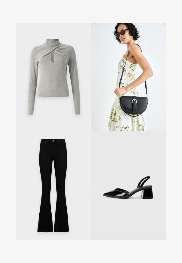 Pull gris à manches longues avec un col montant, présentant un design torsadé et une découpe en forme de trou de serrure à l'avant. Texture en tricot doux.; Jean noir taille haute avec fermeture à bouton et à zip, poches avant et jambes évasées, posés à plat sur un fond blanc.; Escarpins en cuir verni noir avec bout pointu et talon bloc géométrique. Présente un design élégant et minimaliste ainsi qu'une texture lisse.; Sac à main en cuir noir avec une forme courbée, bandoulière amovible et des accessoires en or. Le sac est doté d'un rabat avec un détail de boucle.