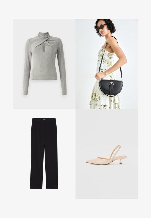 Pull gris à manches longues avec un col montant, présentant un design torsadé et une découpe en forme de trou de serrure à l'avant. Texture en tricot doux.; Pantalon en velours côtelé noir avec une coupe droite, doté d'une taille plate et sans poches visibles, texture lisse et détail en côtes verticales.; Escarpins slingback en cuir verni beige avec un bout pointu et un talon carré fin. Texture lisse et design minimaliste sans ornement.; Sac à main en cuir noir avec une forme courbée, bandoulière amovible et des accessoires en or. Le sac est doté d'un rabat avec un détail de boucle.