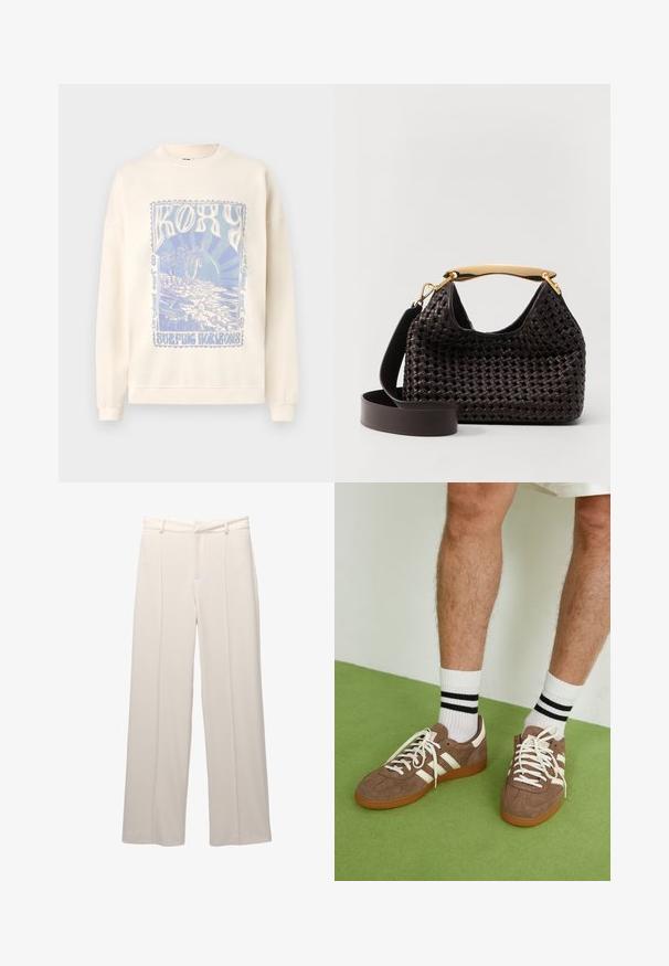 Lys cremefarvet sweatshirt med rund hals og ribbede manchetter. Forsiden har et blåt grafisk design med "ROXY" og en strandscene.; Bredde benbukser i lyse beige stof med en glat tekstur. Har en tætsiddende talje, forkantfolder og ingen synlige lommer.; Brune ruskind sneakers med hvide detaljer og snørebånd. Gummisål i naturgummi. Båret med hvide sokker med sorte striber. Grøn struktureret gulv.; Elleme BOOMERANG WOVEN - Håndtasker - brown