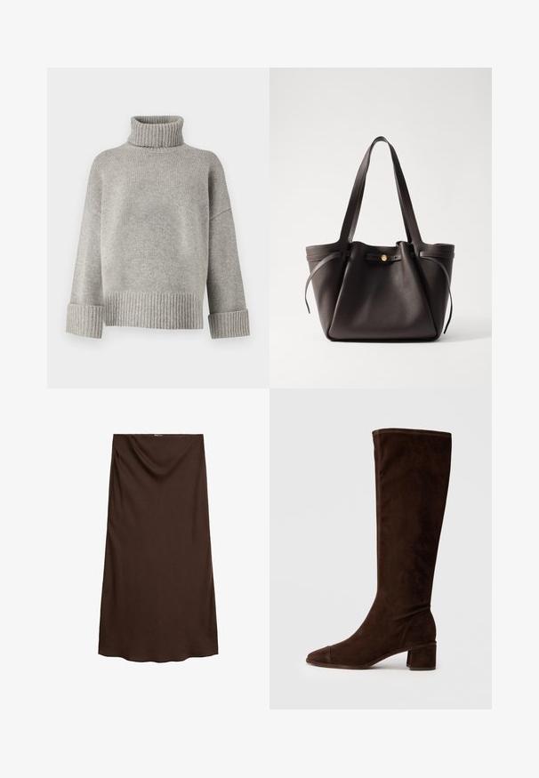 Grå turtleneck sweater lavet af blødt strikmateriale med ribbede manchetter og kant. Har en afslappet pasform og en struktureret halsudskæring.; Brun knælang nederdel lavet af glat stof med et draperet design ved taljen. Har en lige pasform og blød tekstur.; Brune ruskind knæhøje støvler med spids tå og en kraftig hæl. Har en strømlinet, glat overflade og minimal syning.; Mørkebrun læder tote taske med to robuste håndtag, et snøret top og en lukning med guldfarvet knap. Teksturret overflade med minimale accenter.
